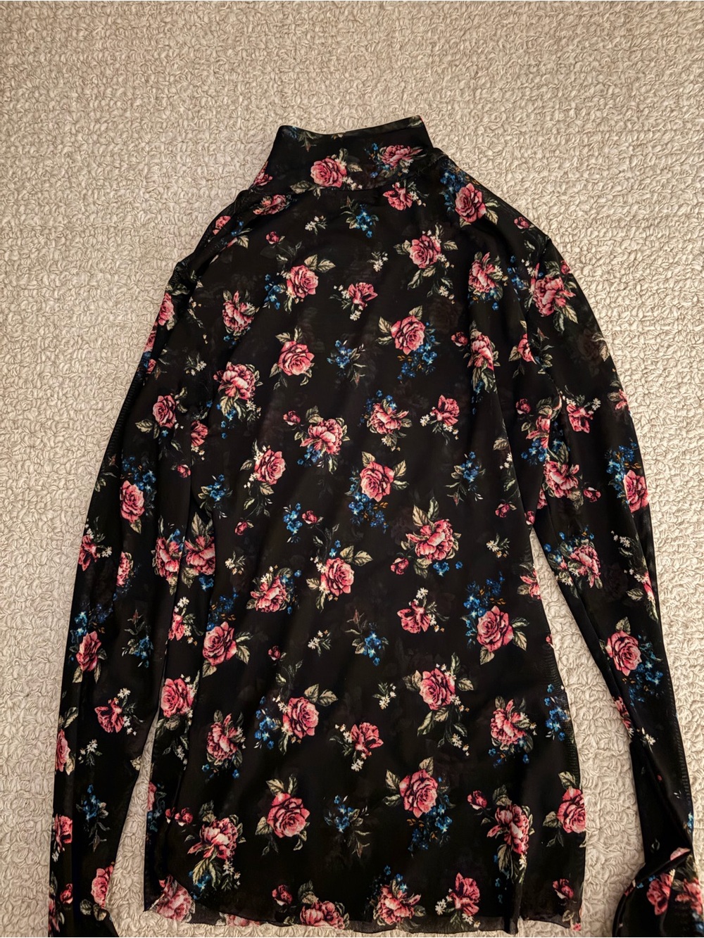 AFRM Black Sheer Long-Sleeve Floral Mock Neck Top - Pink & Blue Roses